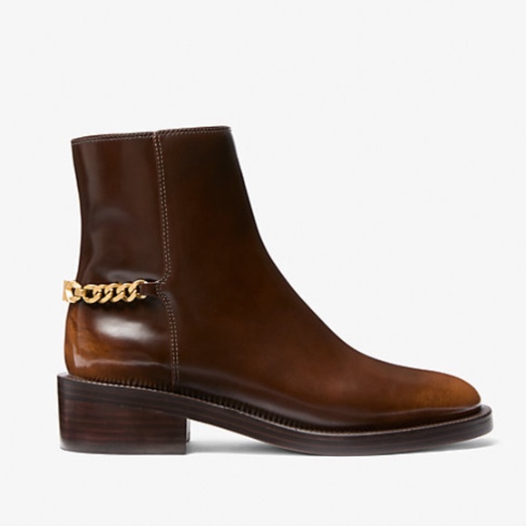 New! Michael Kors Patent Leather Ankle Booties, Luggage w/ Gold Chain, Sz 9 - Picture 1 of 9